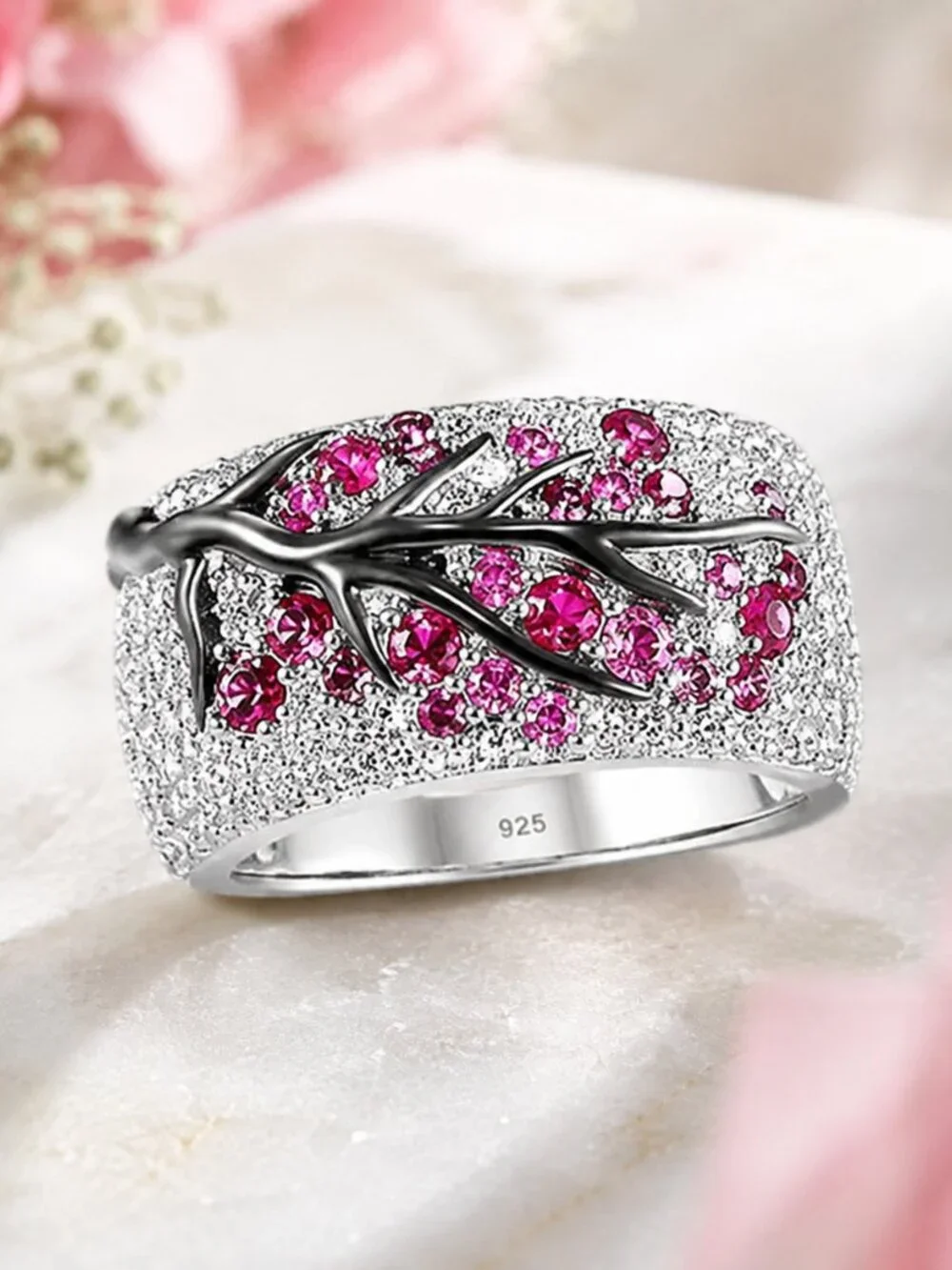 Pink Crystal Vine Branch Statement Ring Silver Tone Micro Pave Glam Sz 8 NWT